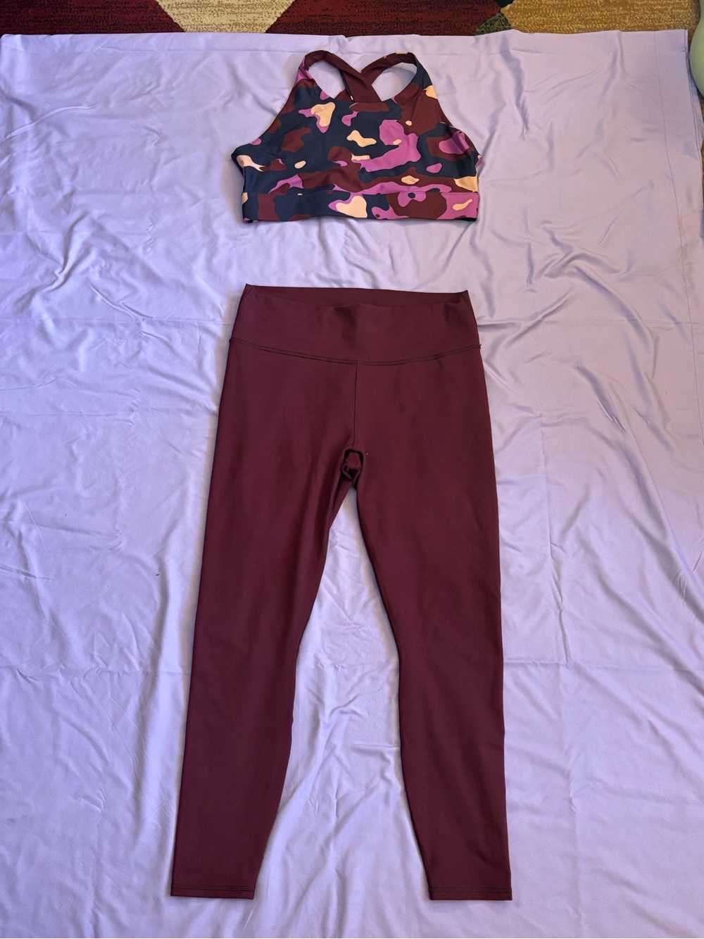 Fabletics Maroon Powerhold Leggings | Pink Camo No Bounce High Impact Sports Bra